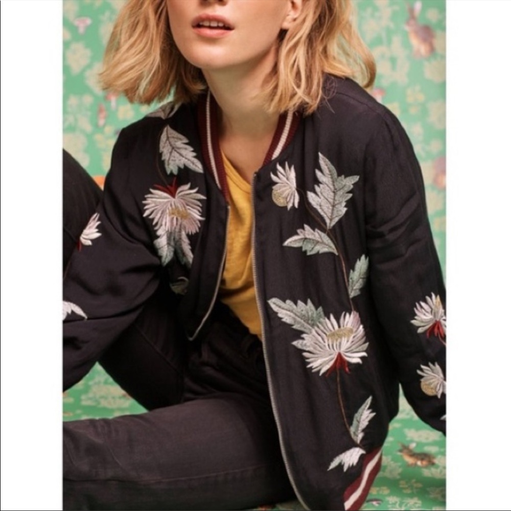 Anthropologie Elevenses Solstice Black Embroidered Floral Bomber Zip up jacket